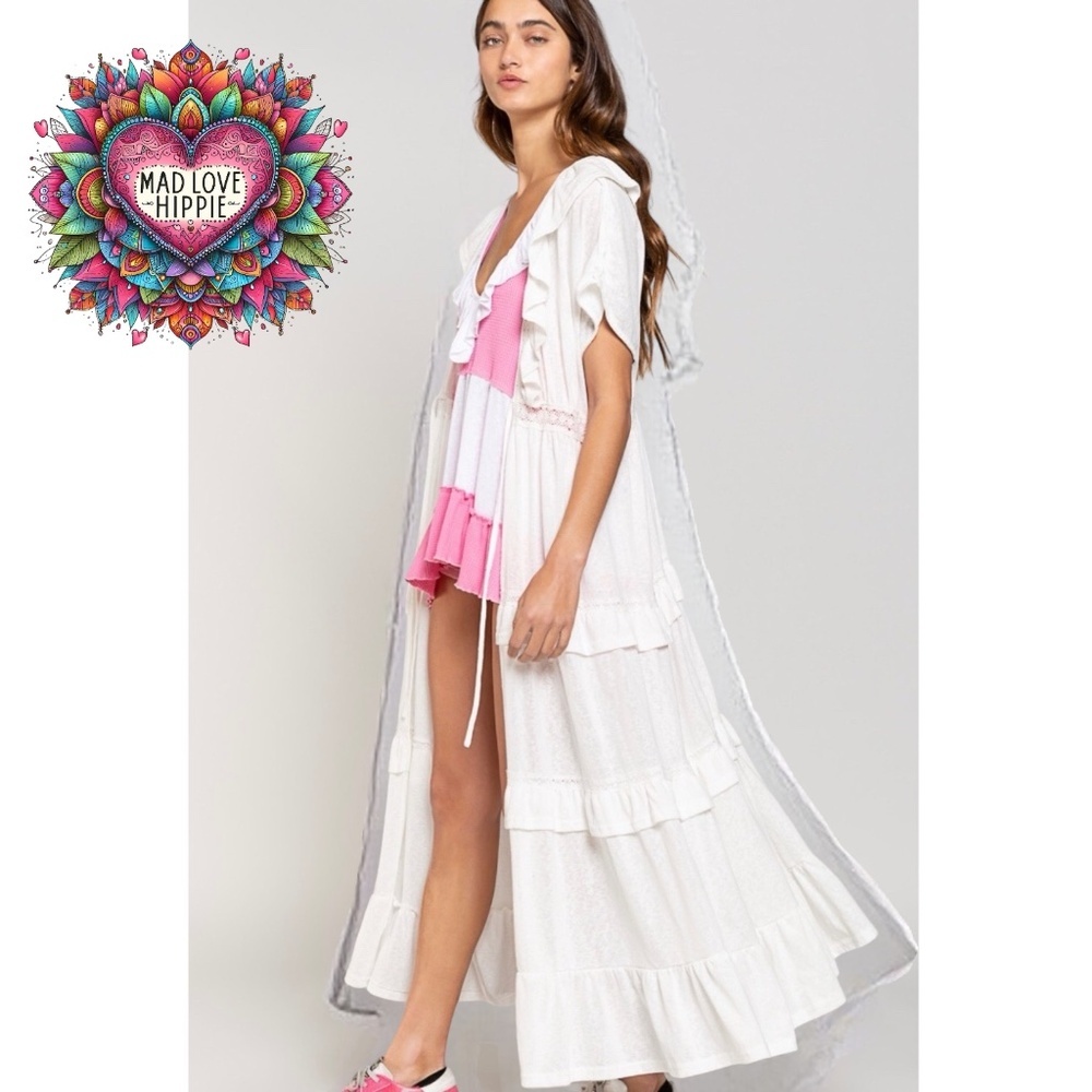 POL Ivory Ruffled Lace Patchwork Tiered Maxi Cardigan - Picture 3 of 8